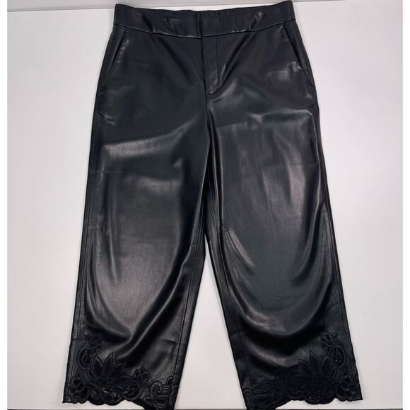 Chico’s Black Faux Leather Lace Hem Cropped Trousers Pants Size 10 Petite - Picture 8 of 13